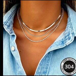 304 Stainless Steel Triple Layer Necklace Set Silver